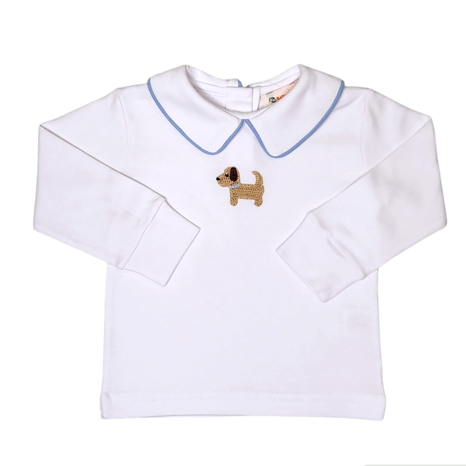 LS Crochet Puppy Blue Piped Shirt White - Born Childrens Boutique