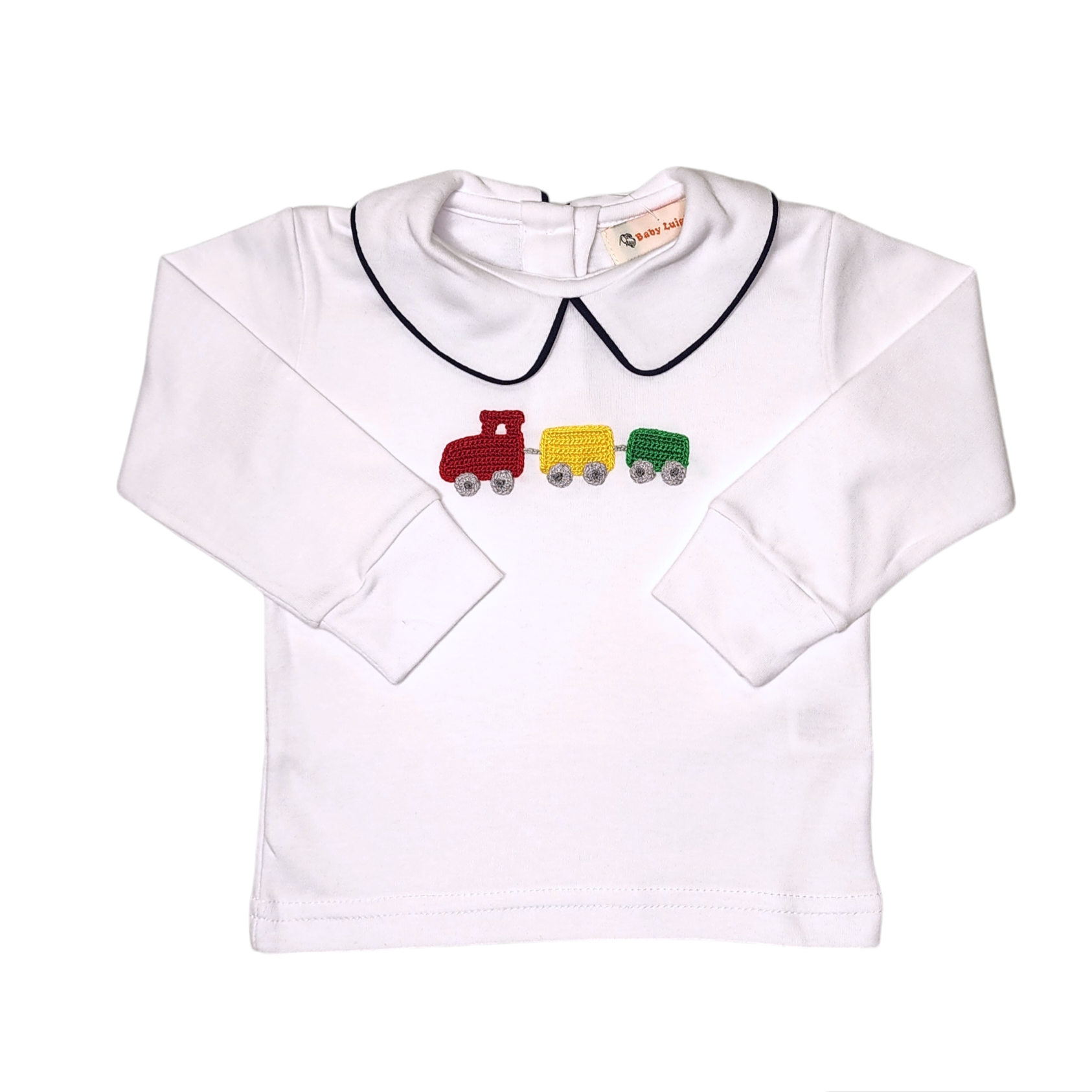 LS Crochet Train Dk Royal Piped Shirt White - Born Childrens Boutique