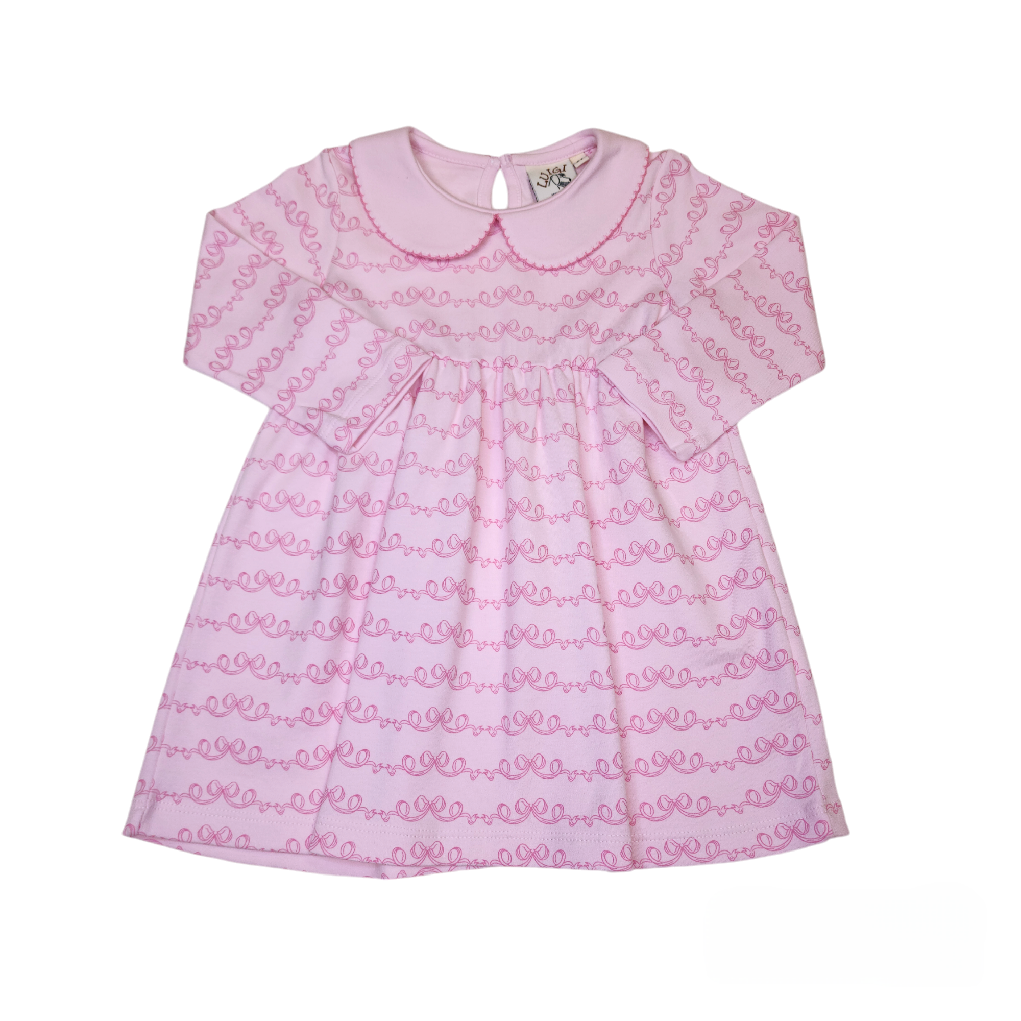 LS Gathered Dress Pink Bow Print - Born Childrens Boutique