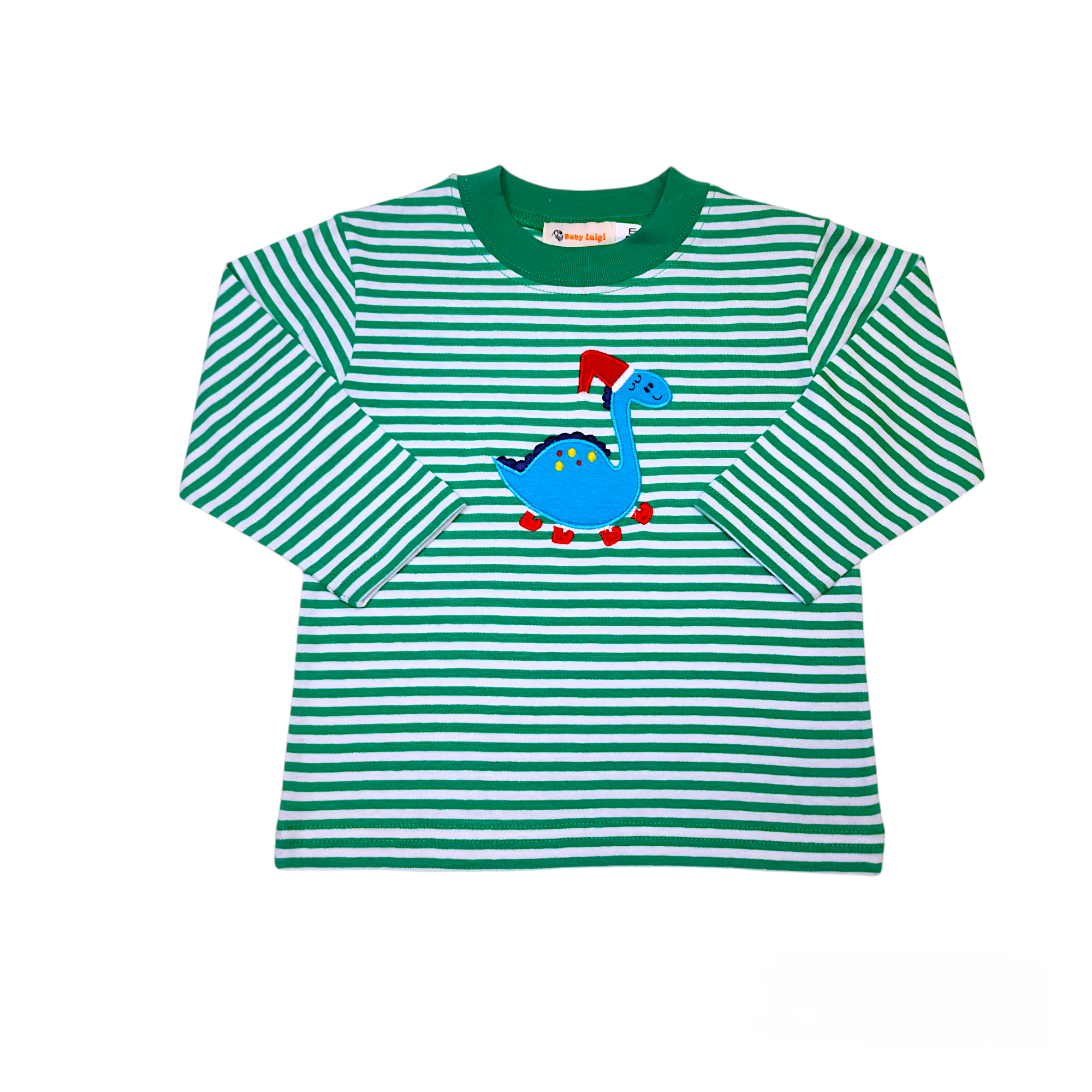 Christmas Dino Shirt Kelly Green Stripe - Born Childrens Boutique