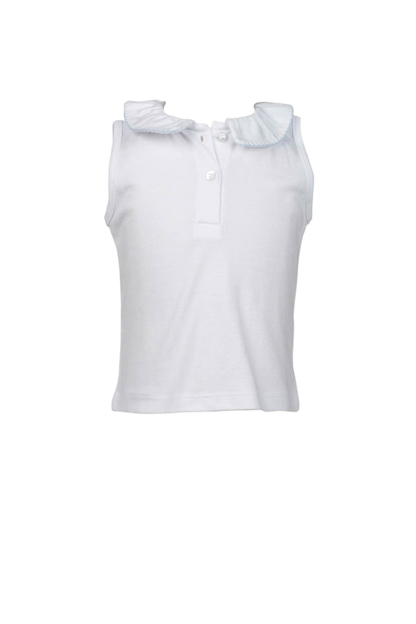 Pre-Order Sleeveless Girl Shirt / Lt. Blue Trim - Born Childrens Boutique
