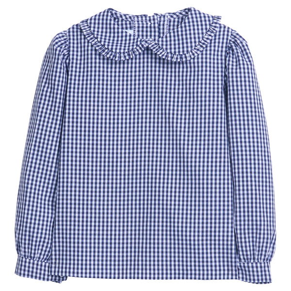 Ruffled Peter Pan Blouse - Navy Gingham - Born Childrens Boutique