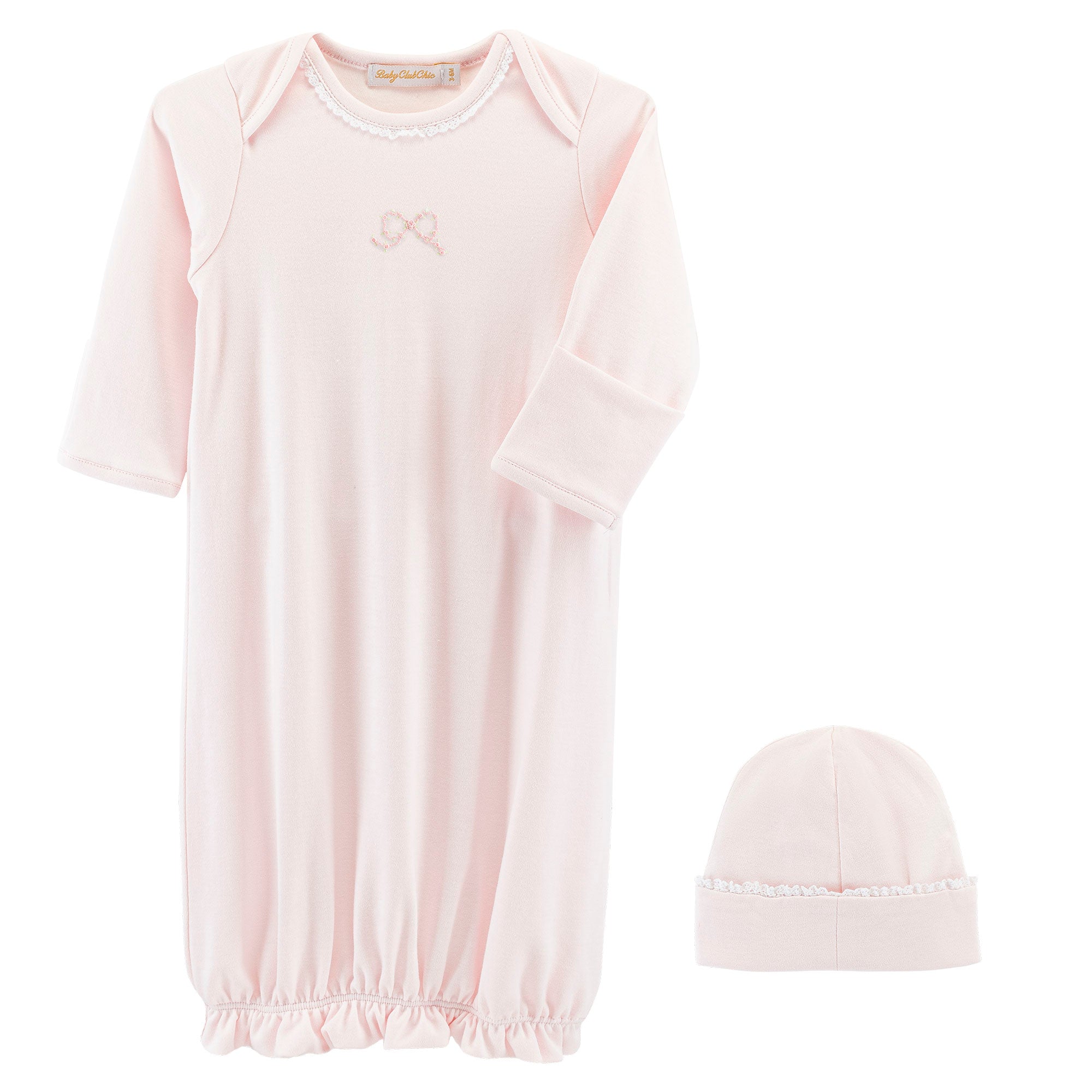Pretty Bows Gown w/ Lace Trim & Hat Set - Born Childrens Boutique
