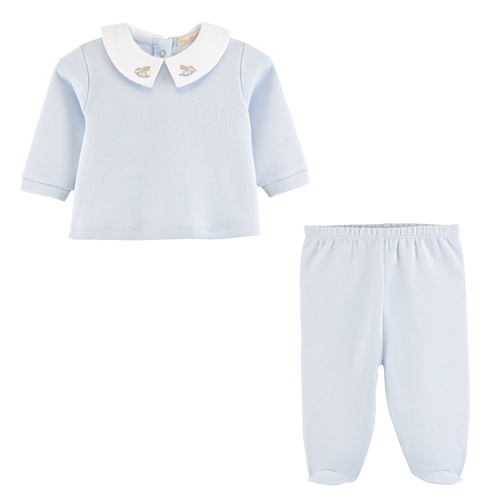 Blue Rocking Horse English Knot Top and Pant Set - Born Childrens Boutique
