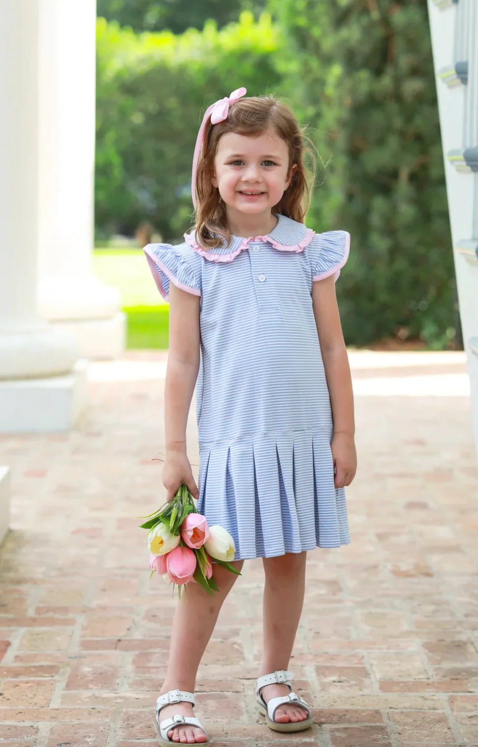 Camilla Dress - Dusty Blue Stripe/Light Pink - Born Childrens Boutique