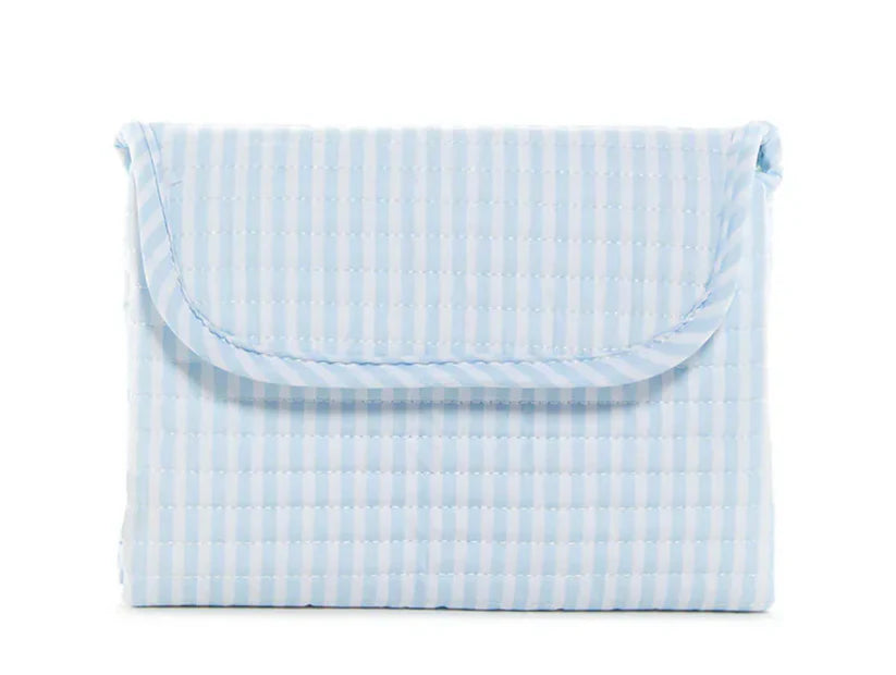 A light blue and white vertically striped quilted fabric pouch with a rope-style handle, shown on a plain white background.