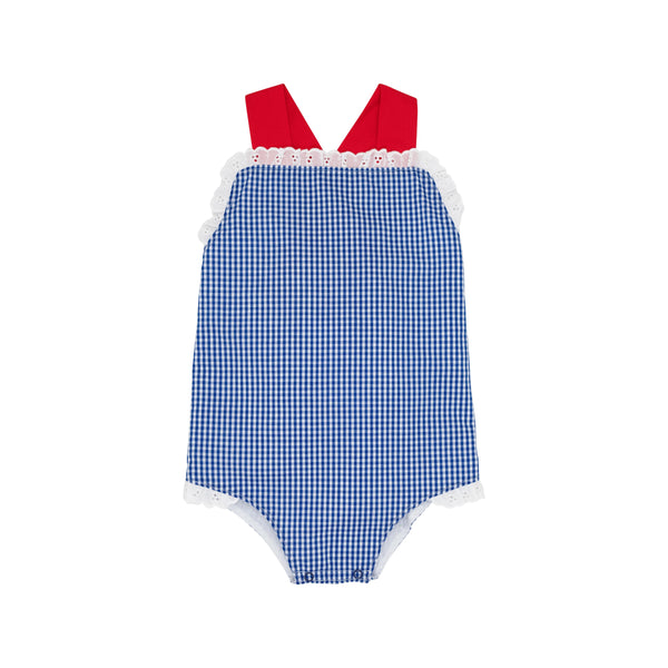Sisi Sunsuit Rockefeller Royal Mini Gingham With Richmond Red - Born Childrens Boutique