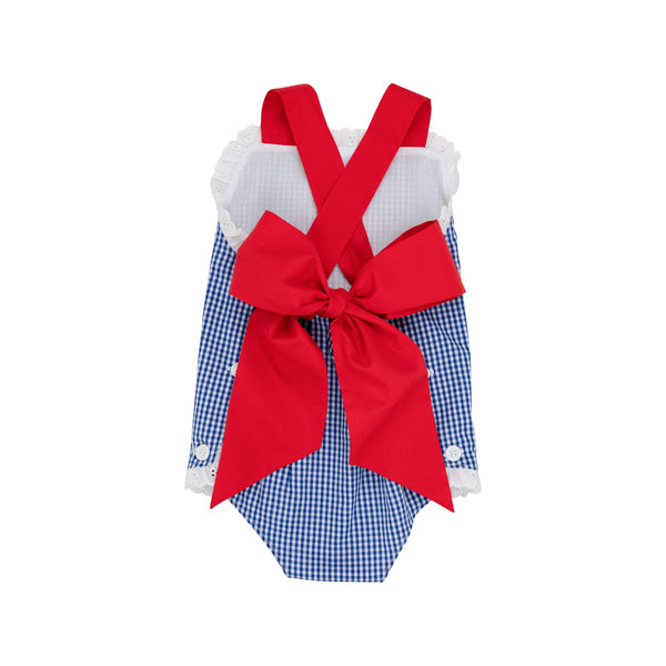 Sisi Sunsuit Rockefeller Royal Mini Gingham With Richmond Red - Born Childrens Boutique