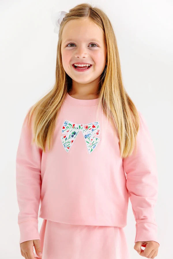 Puff Sleeve Cassidy Comfy Crewneck Sandpearl Pink with Fair Street Floral Bow - Born Childrens Boutique