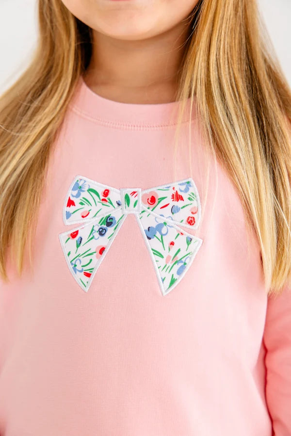 Puff Sleeve Cassidy Comfy Crewneck Sandpearl Pink with Fair Street Floral Bow - Born Childrens Boutique