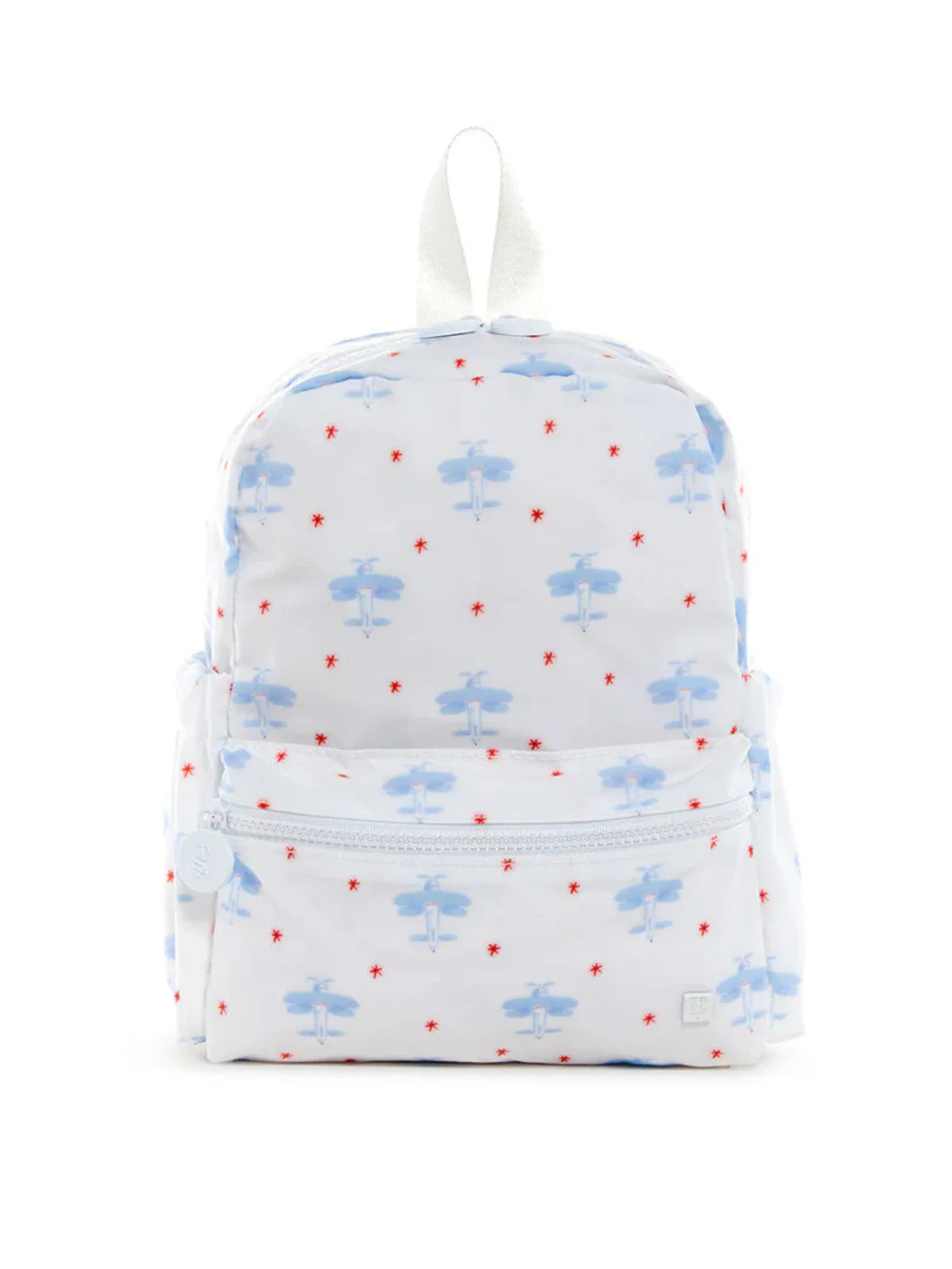 A white backpack featuring a repeating pattern of light blue airplanes and small red stars, shown against a plain white background.