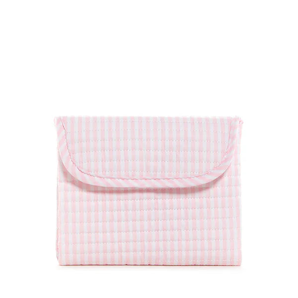 A light pink and white gingham quilted pouch with a curved flap, shown against a plain white background.
