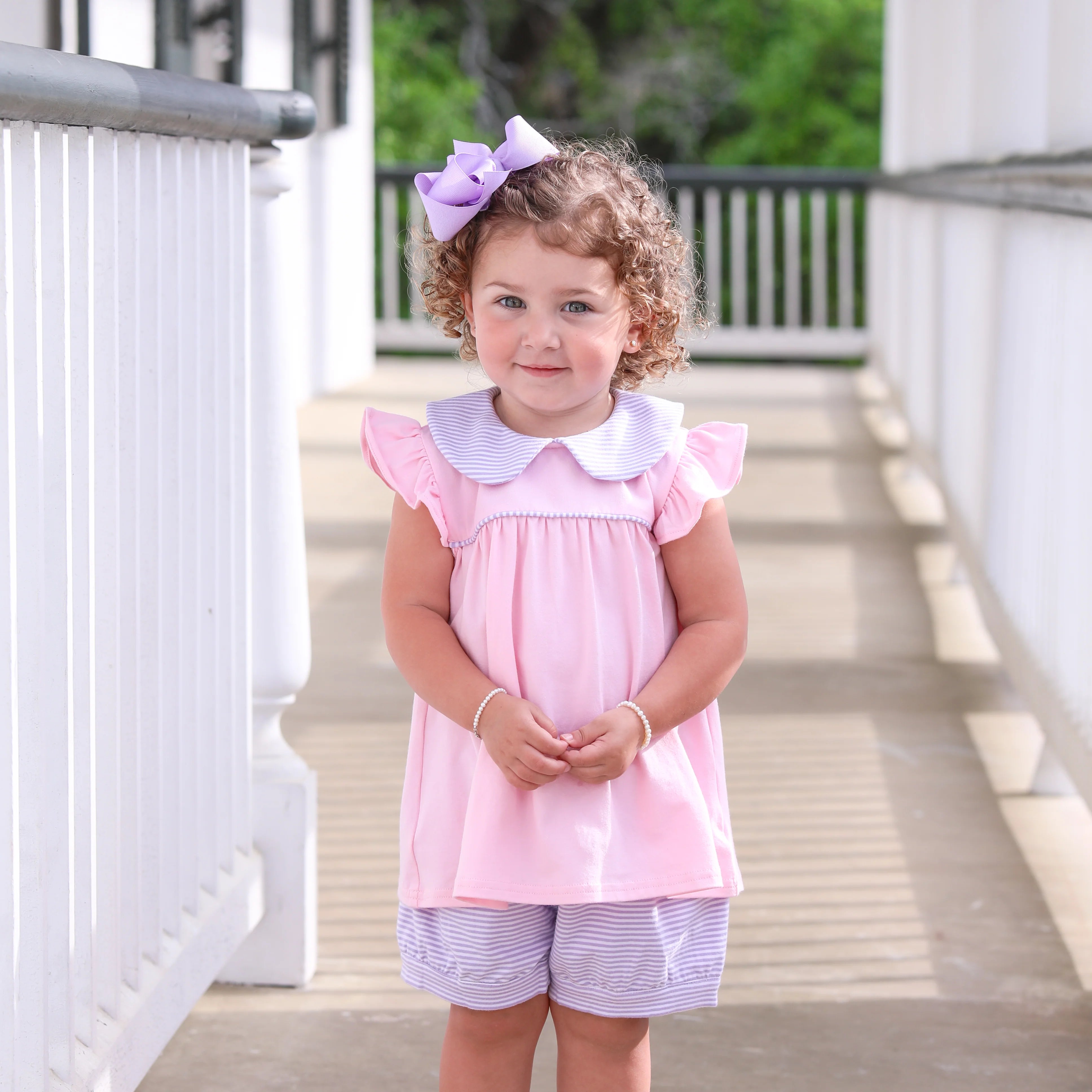 Genevieve Banded Short Set - Lavender Stripe/Light Pink - Born Childrens Boutique