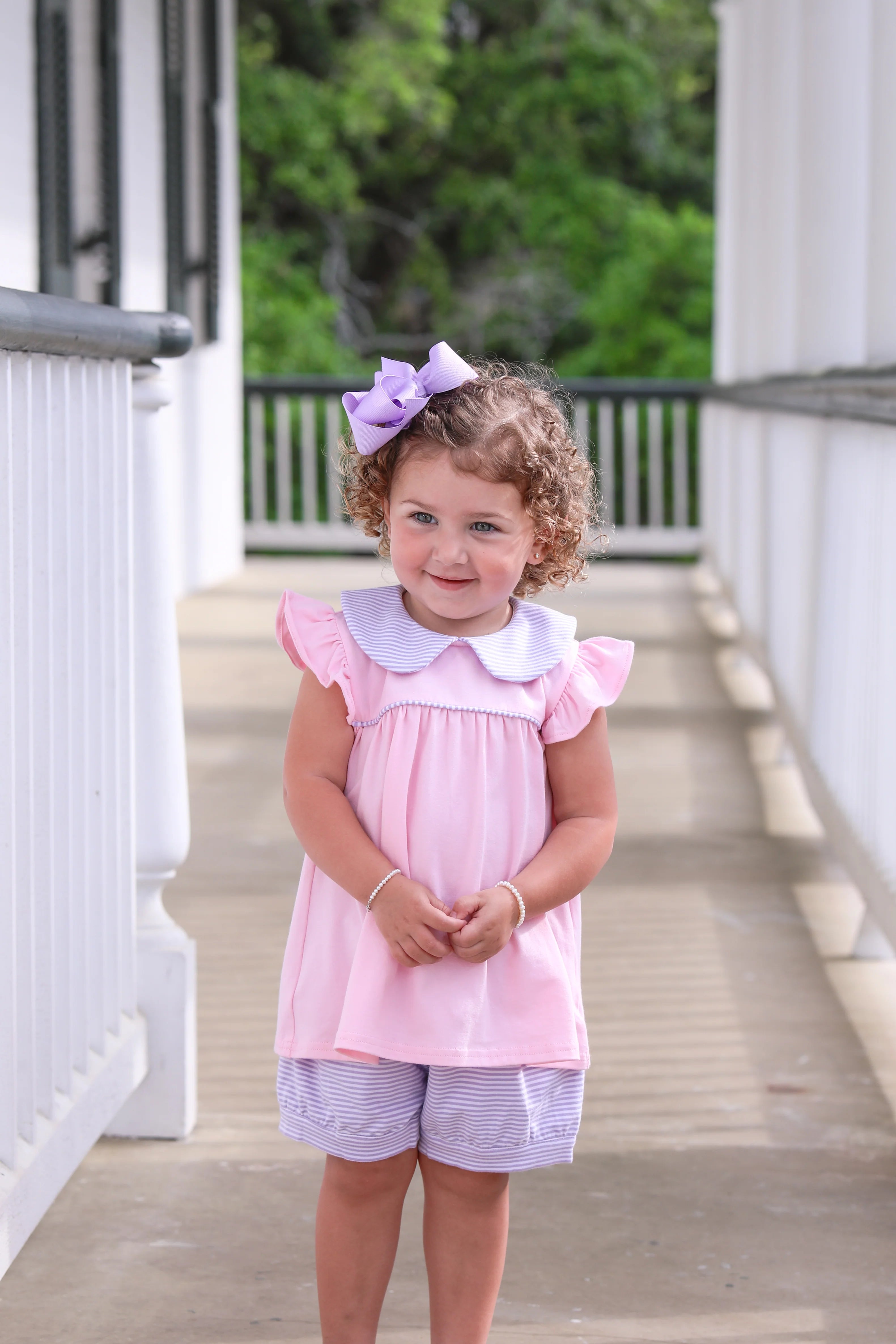 Genevieve Banded Short Set - Lavender Stripe/Light Pink - Born Childrens Boutique