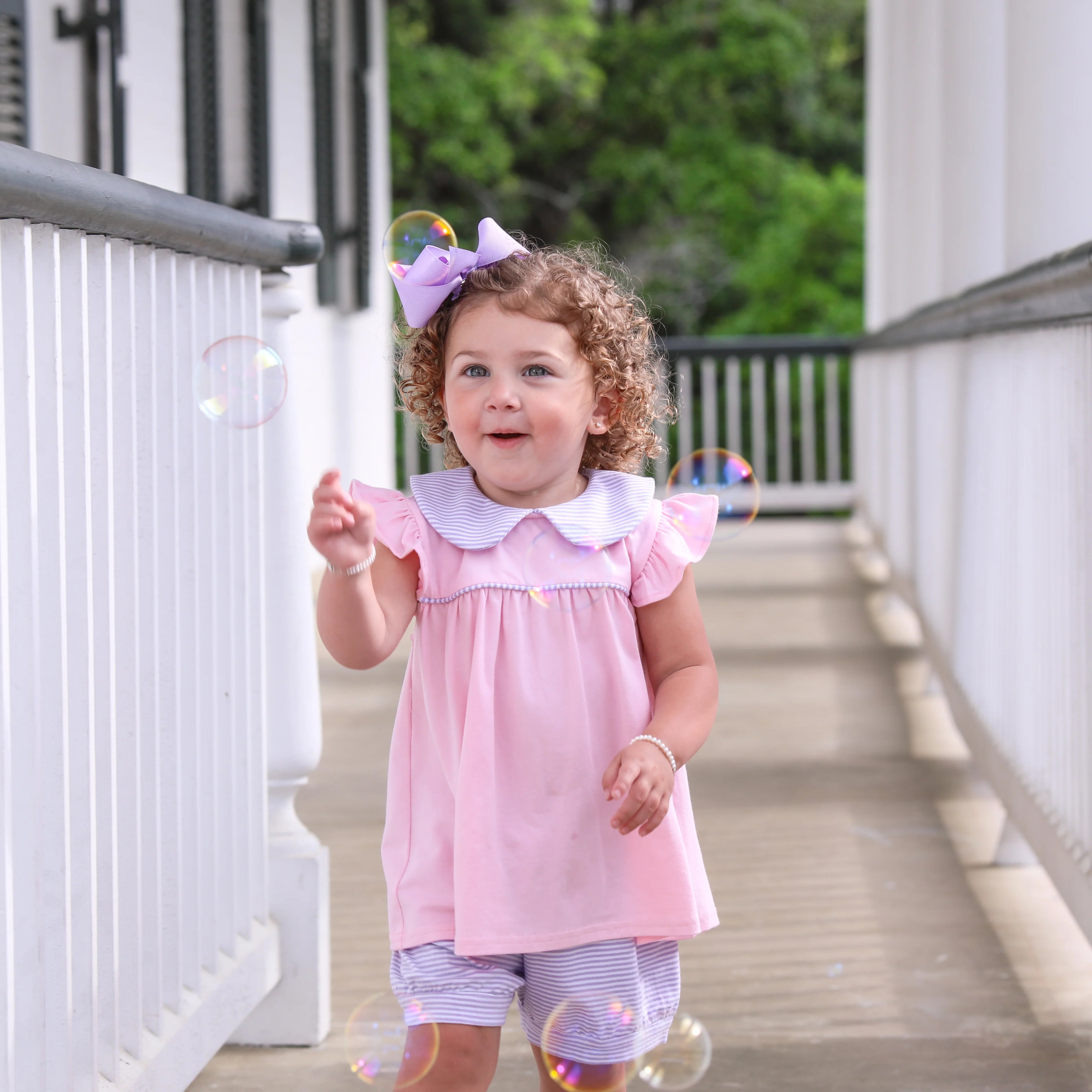 Genevieve Banded Short Set - Lavender Stripe/Light Pink - Born Childrens Boutique