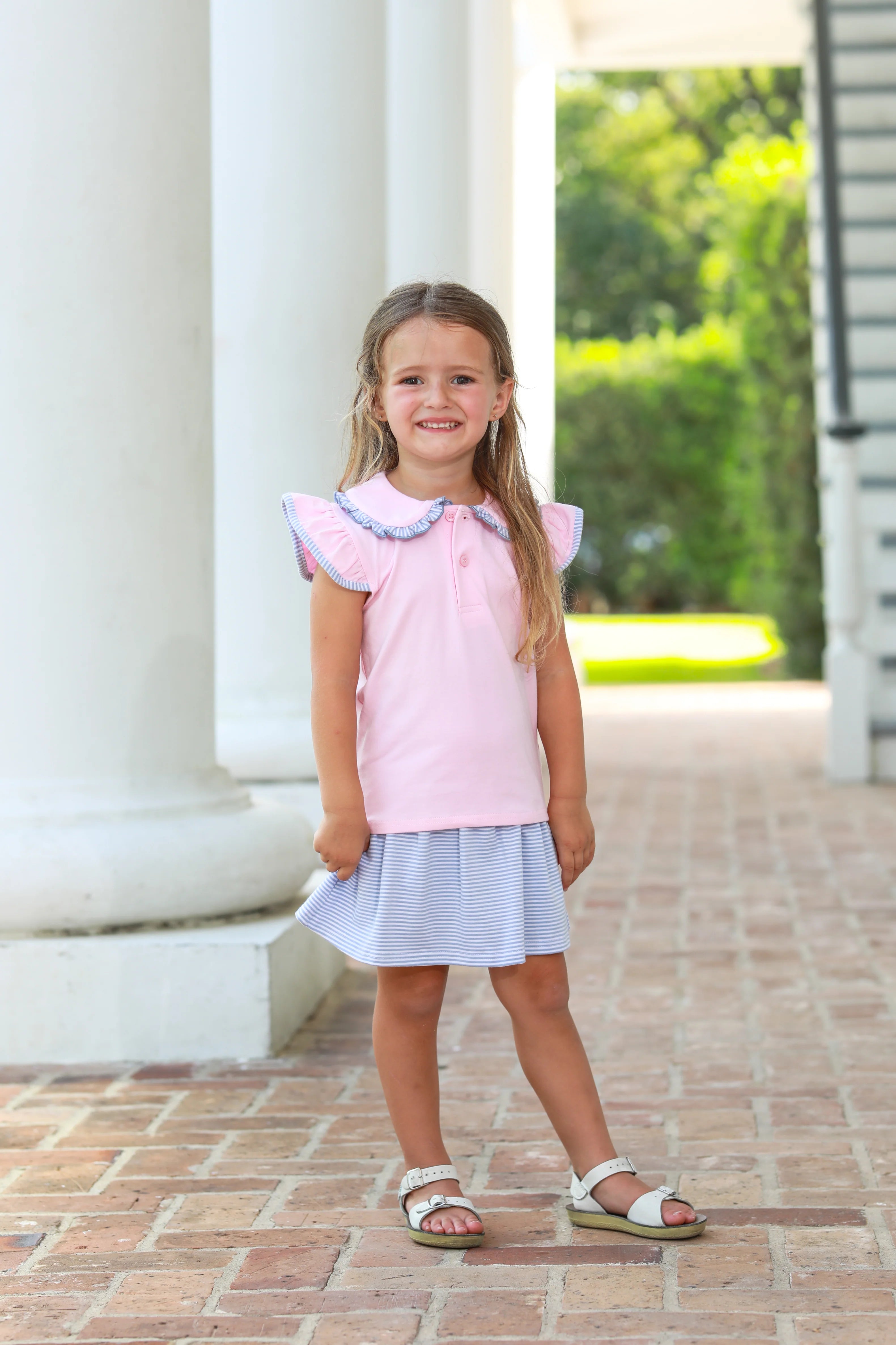 Camilla Dress - Dusty Blue Stripe/Light Pink - Born Childrens Boutique