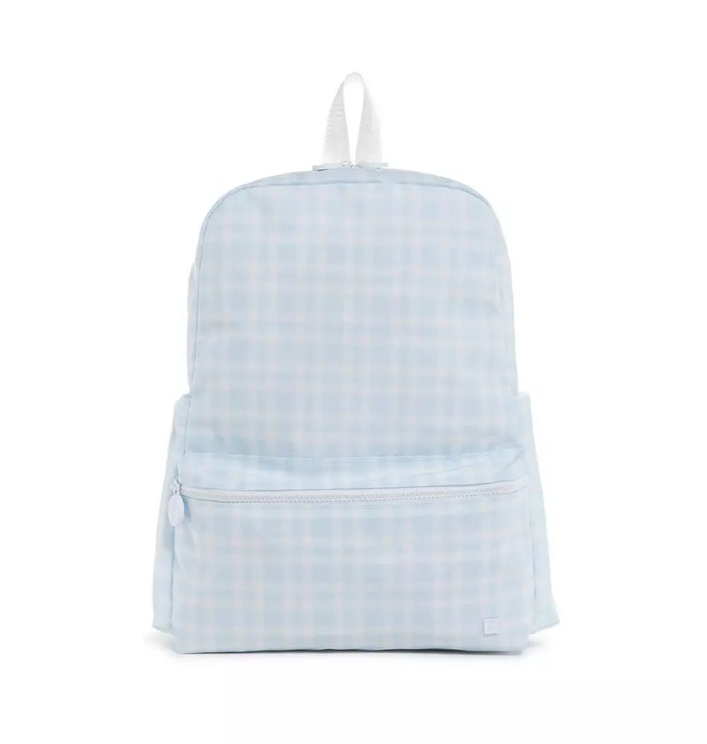 A light blue and white gingham backpack with a top carry handle, shown against a plain white background.