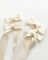 Double Pastel large Grosgrain Long Tail Bow, Cream - Born Childrens Boutique