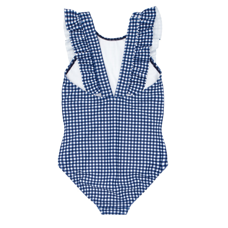 Navy Gingham Ruffle One Piece - Born Childrens Boutique