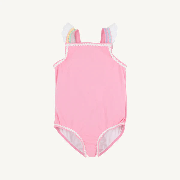 Long Bay Bathing Suit - Hamptons Hot Pink with Worth Avenue White & Multicolor Ric Rac - Born Childrens Boutique