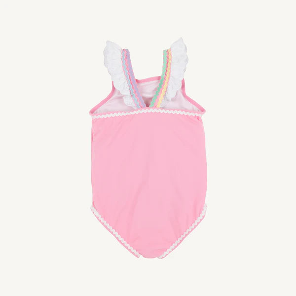 Long Bay Bathing Suit - Hamptons Hot Pink with Worth Avenue White & Multicolor Ric Rac - Born Childrens Boutique
