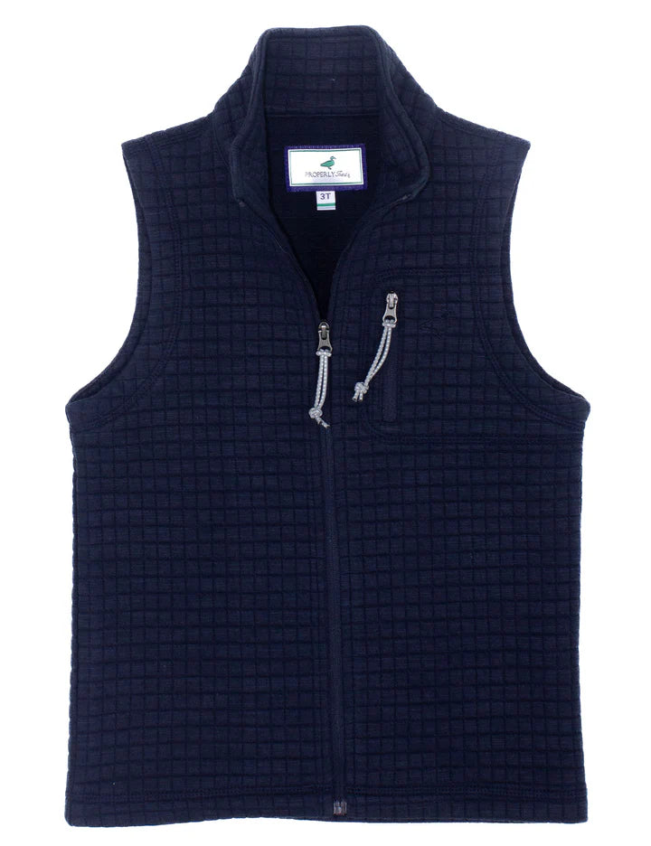 Navy checkered vest with a brand label on a white background