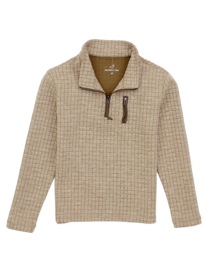 Beige checkered pullover with a quarter-zip design on a white background