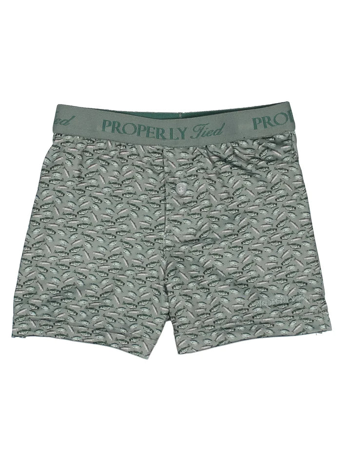 A pair of men's boxer briefs in sage green with an all-over tonal leaf pattern and a matching green elastic waistband featuring the 'PROPERLY Fused' brand name.
