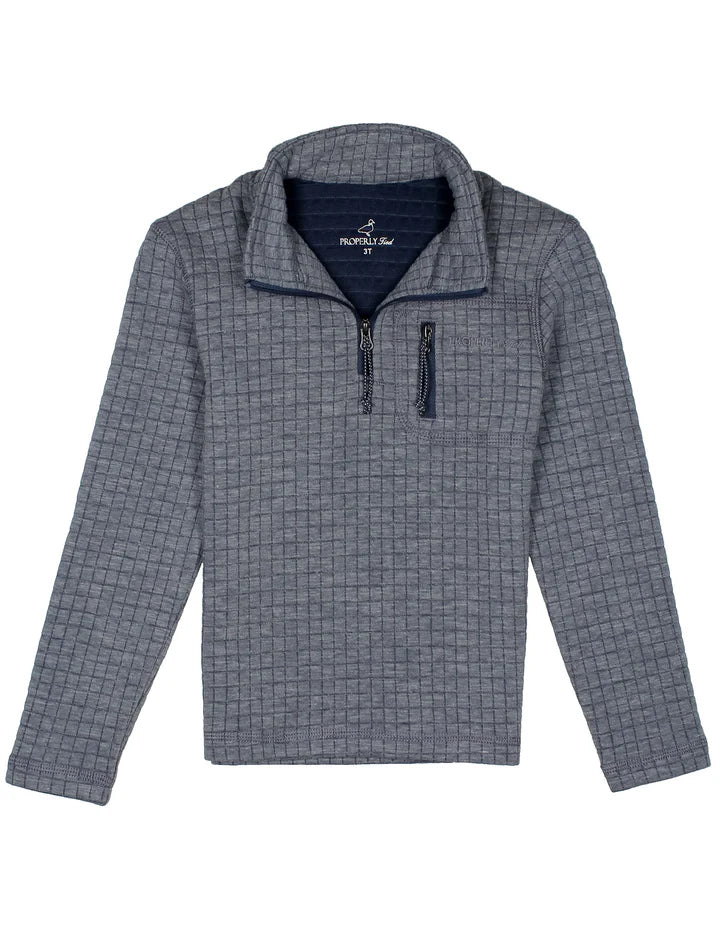 A long-sleeve quarter-zip pullover sweater in a gray and navy blue micro-check pattern, featuring a zippered chest pocket and a dark navy interior collar label.
