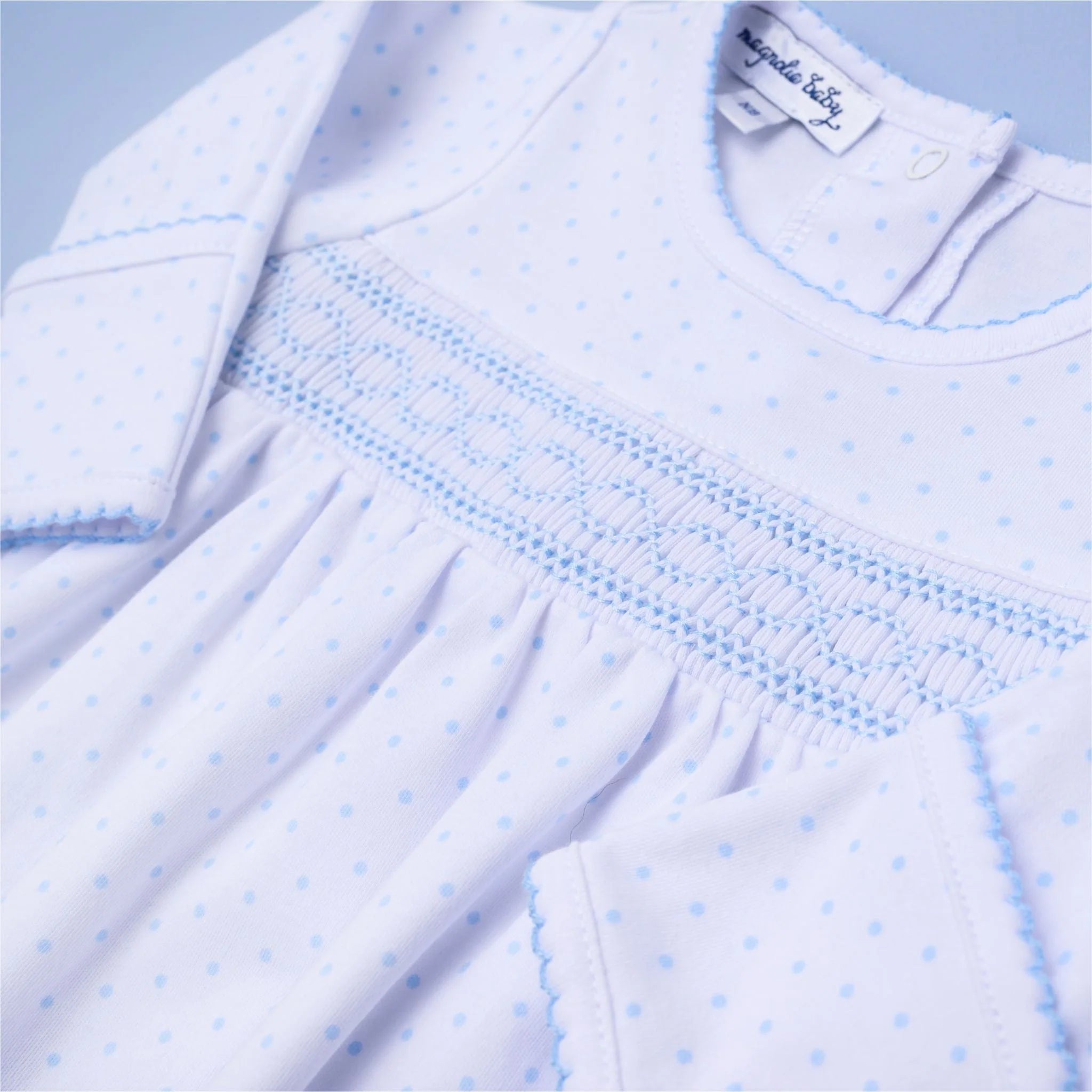 Mini Dots Blue Smocked Footie - Born Childrens Boutique