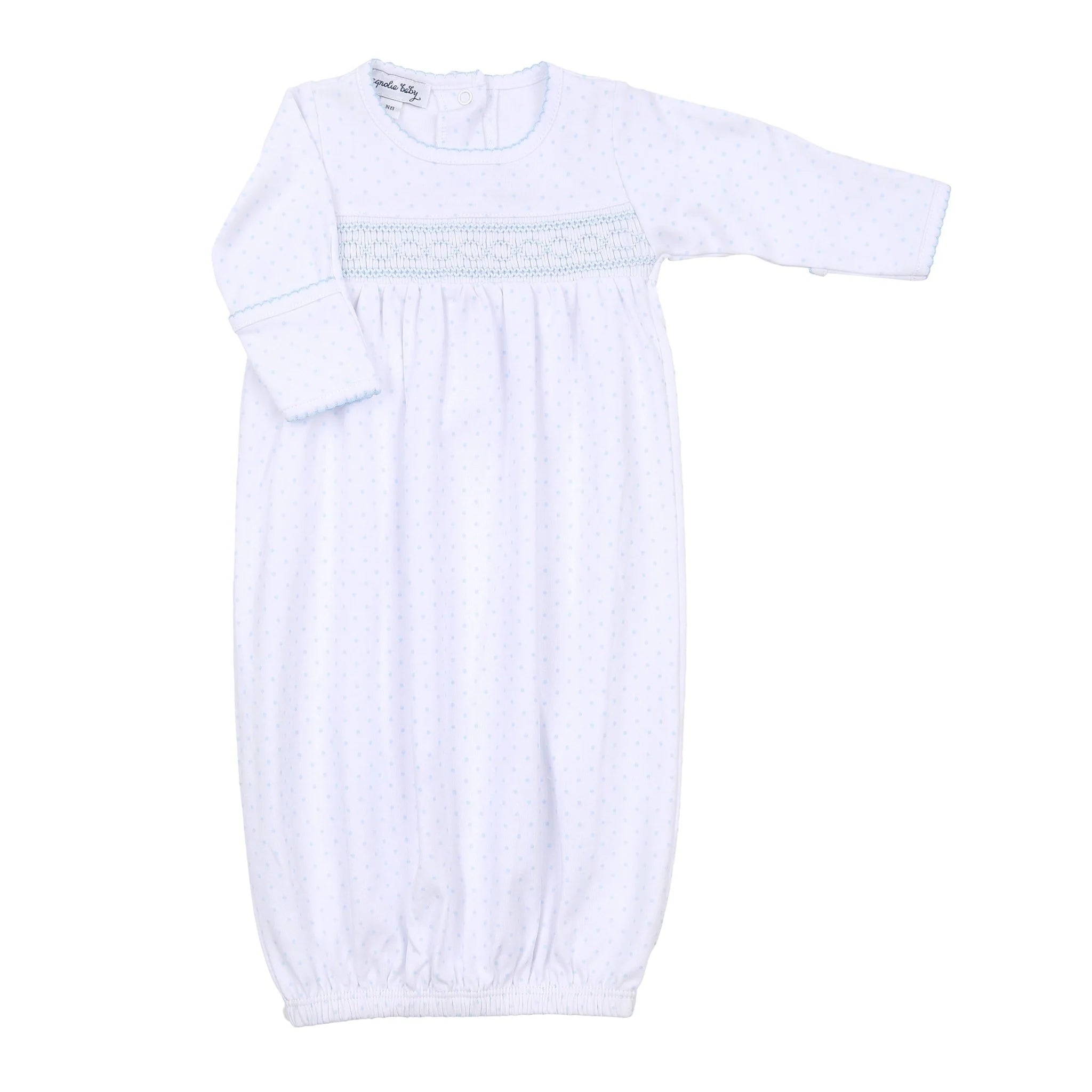 Mini Dots Blue Smocked Gathered Gown - Born Childrens Boutique
