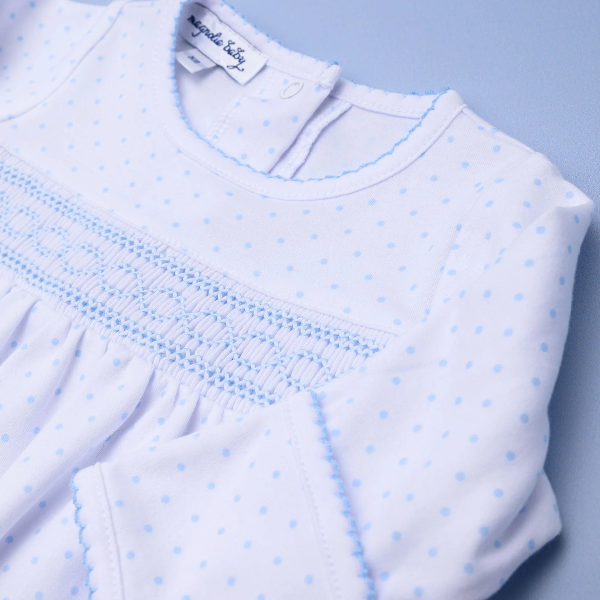 Mini Dots Blue Smocked Gathered Gown - Born Childrens Boutique
