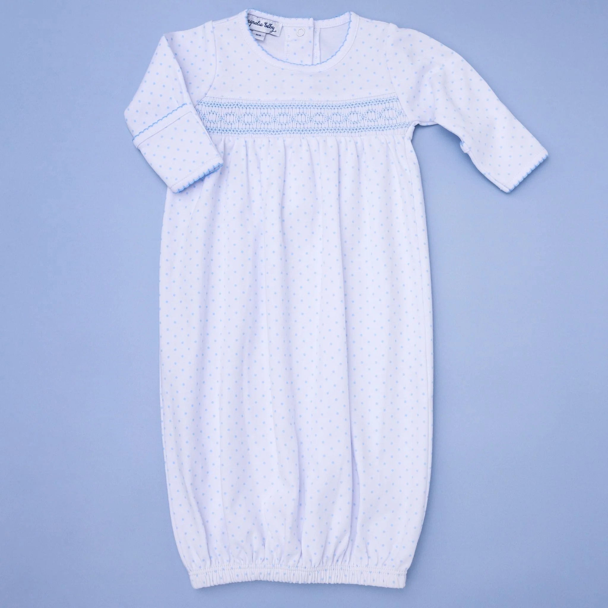 Mini Dots Blue Smocked Gathered Gown - Born Childrens Boutique