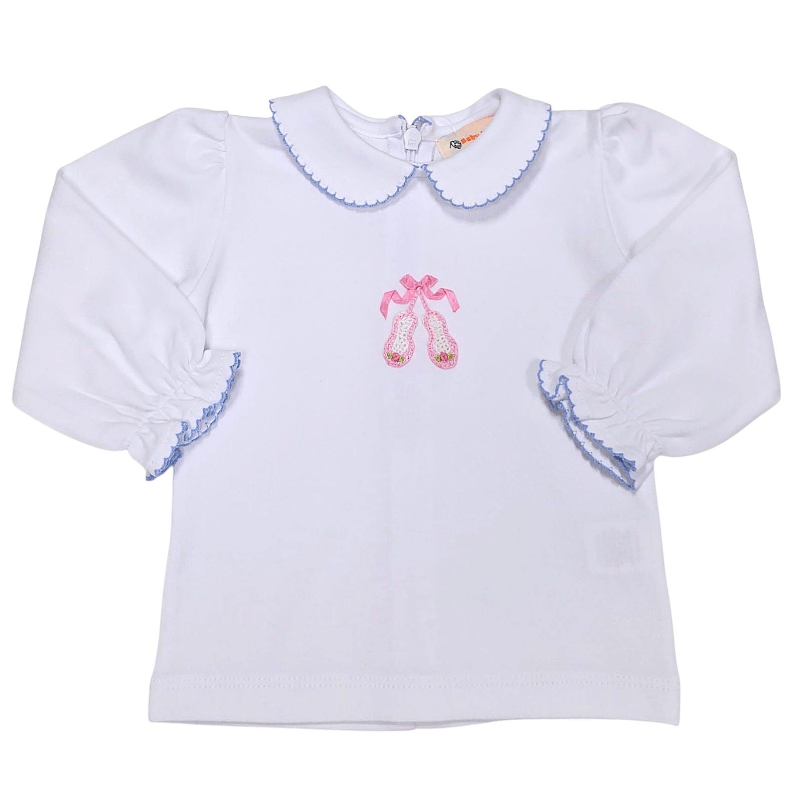 LS Blouse White/Sky Blue trim Crochet Ballet Slippers - Born Childrens Boutique