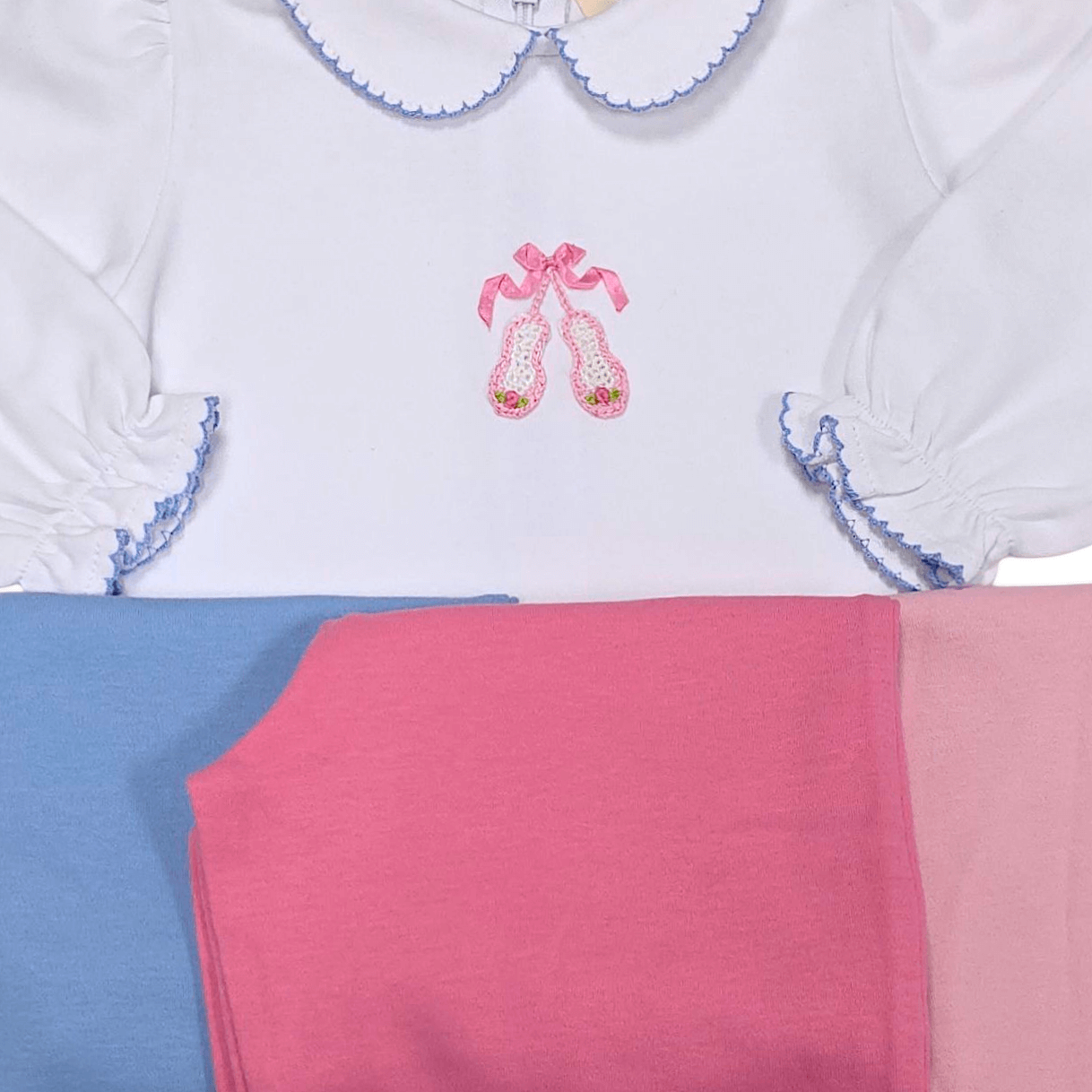 LS Blouse White/Sky Blue trim Crochet Ballet Slippers - Born Childrens Boutique