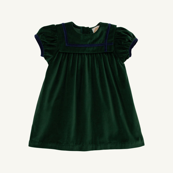 Short Sleeve Patsy's Party Dress - Grier Green Velveteen with Nantucket Navy