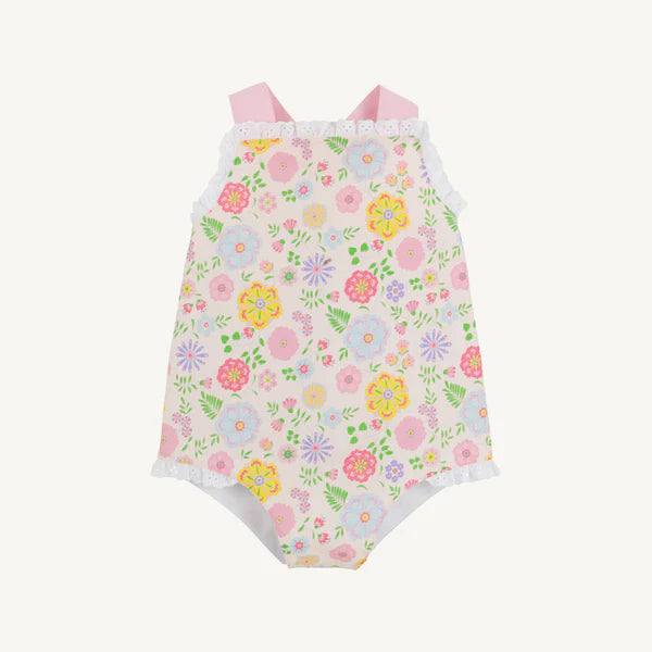 Sisi Sunsuit - Boca Grande Begonia with Hamptons Hot Pink Pique Stripe - Born Childrens Boutique