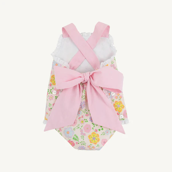 Sisi Sunsuit - Boca Grande Begonia with Hamptons Hot Pink Pique Stripe - Born Childrens Boutique