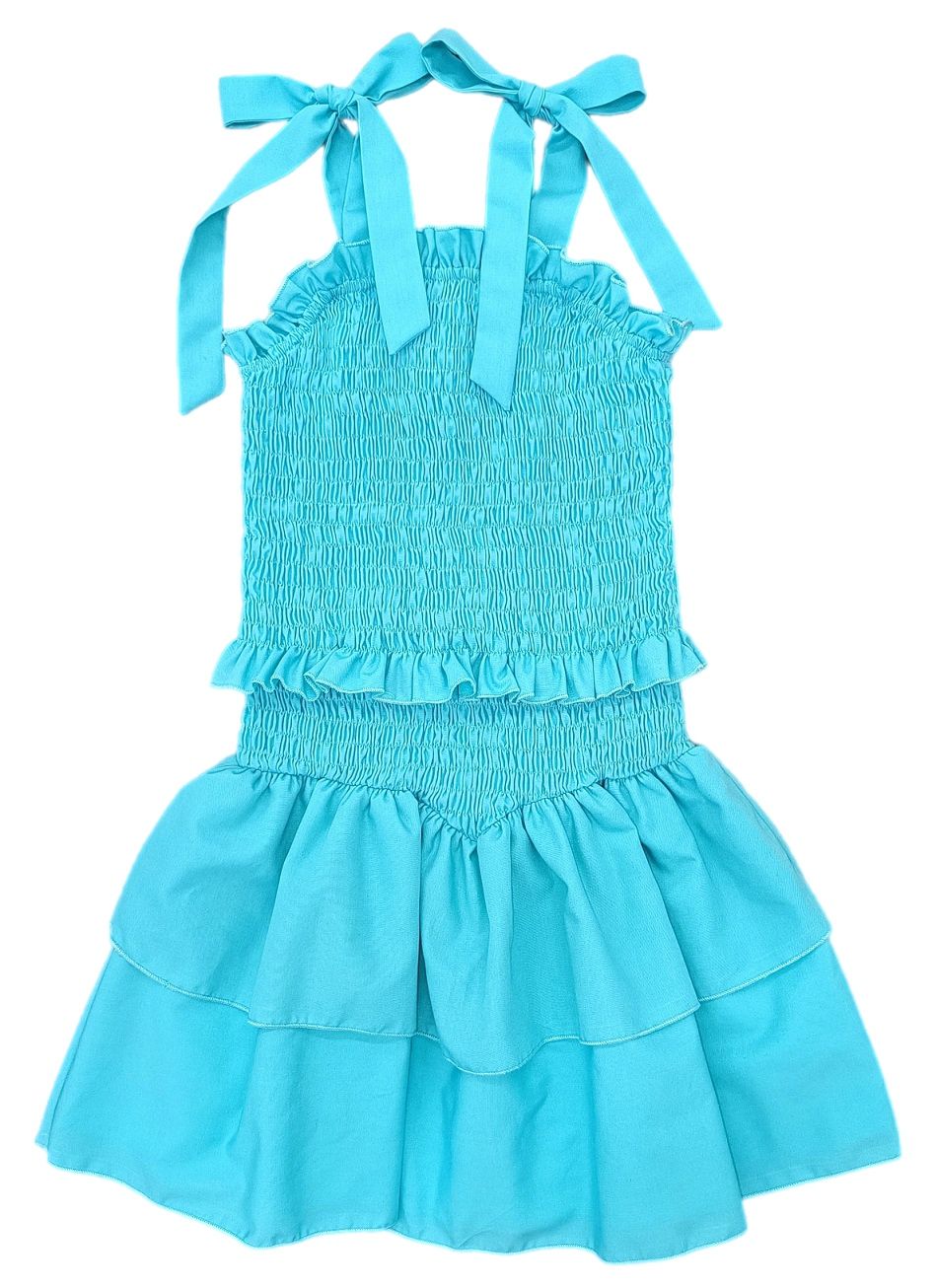 Turquoise Smocked Woven Dress - Born Childrens Boutique