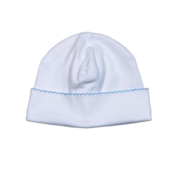 Baby Loren White Pima Beanie Blue Trim - Born Childrens Boutique