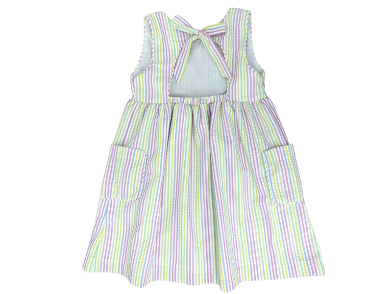 Pre-Order James and Lottie Maisy Pastel Stripe Seersucker Dress with Self Tying Back Bow - Born Childrens Boutique