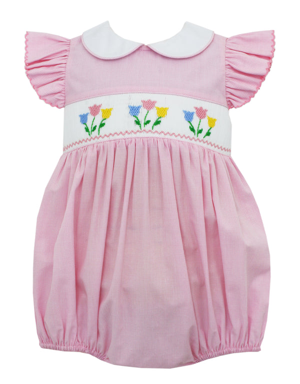 Petit Bebe Tulip Garden-girl's Bubble - S/S - Pink Micro Check - Born Childrens Boutique