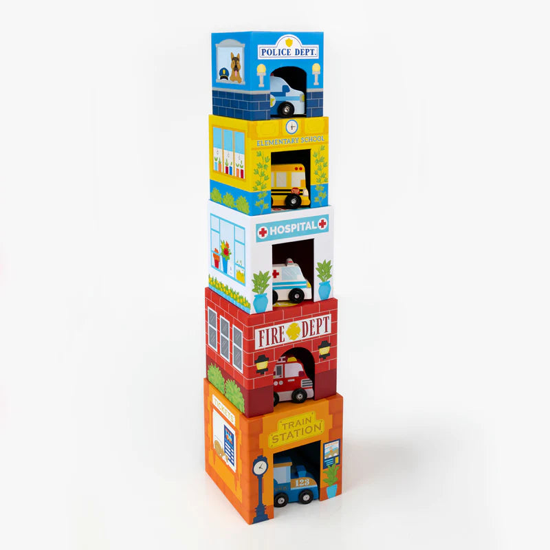 Stackables Nested Cardboard Toys & Cars Set - Busy City 10 Pc - Born Childrens Boutique