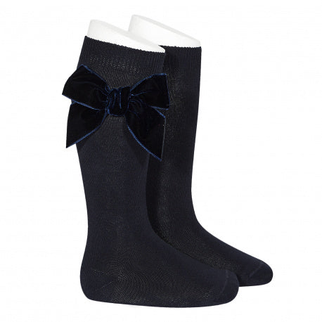 Knee Socks with Velvet Bow Navy - Born Childrens Boutique
