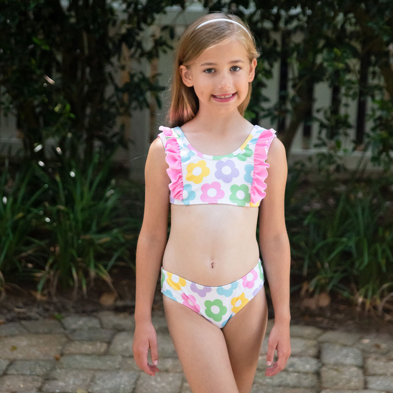 Pre-Order James Lottie Loren Two Piece Swim Vintage Floral Top with Pink Ruffled - Born Childrens Boutique