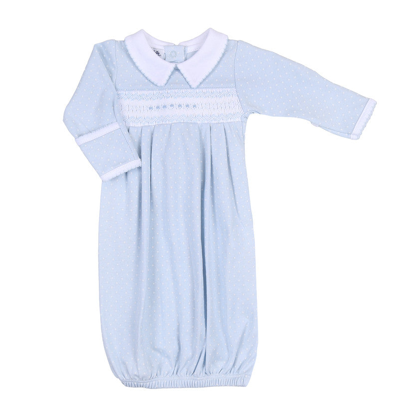 Layla and Lennox Blue Smkd Pleated Gown - Born Childrens Boutique