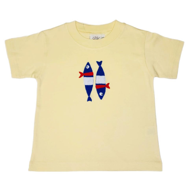 T001 Three Vertical Sailor Fish Pale Yellow Shirt - Born Childrens Boutique