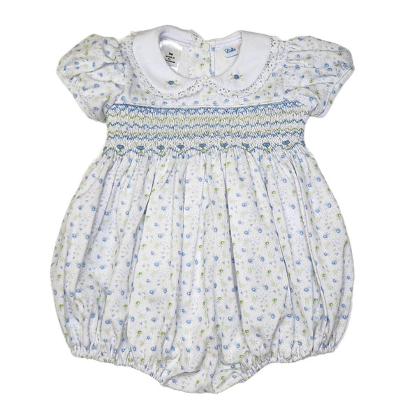 Rosie Smocked Waist Blue/Green Floral Bubble - Born Childrens Boutique