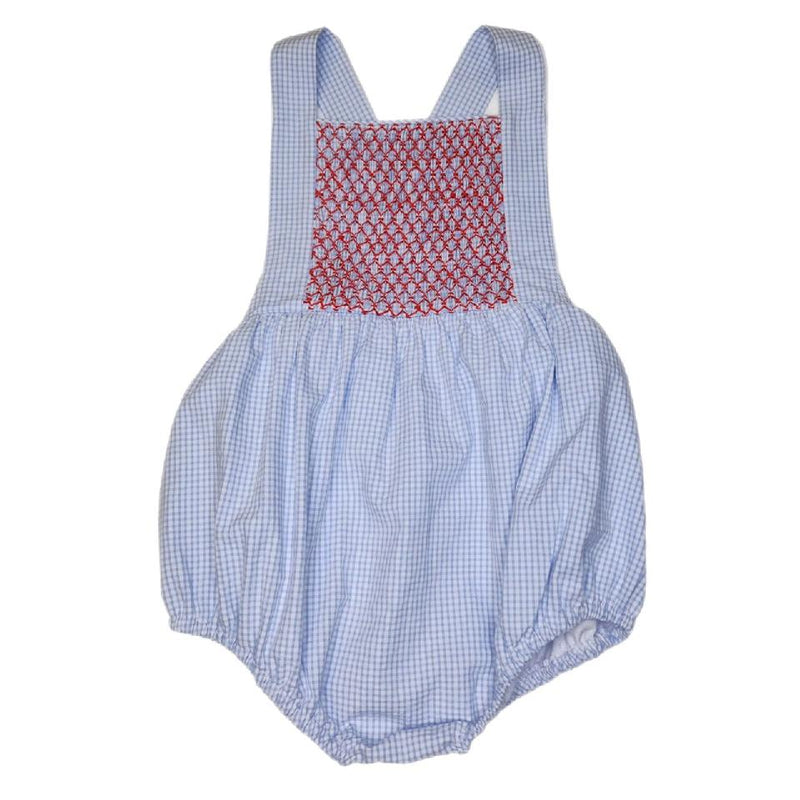 Peggy Green Smocked Edward Bubble - Baby Blue Seersucker W Red Smocking - Born Childrens Boutique