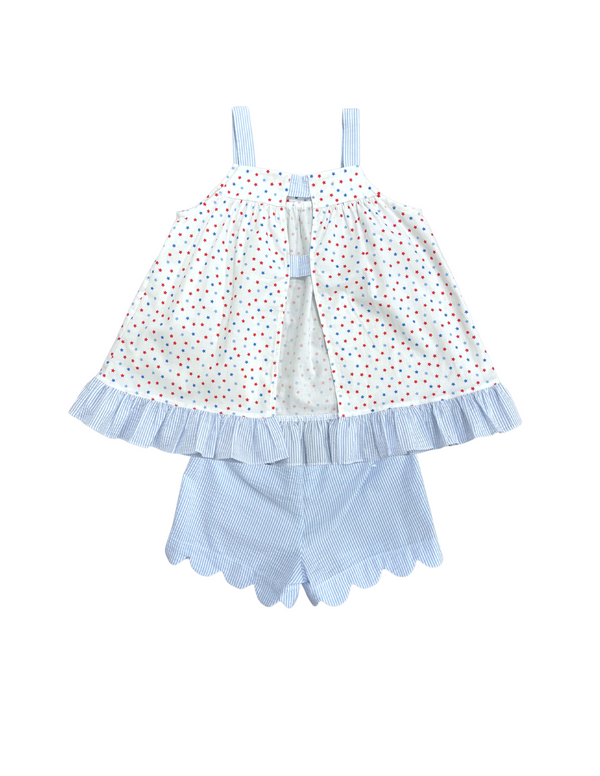 Pre-Order James and Lottie Maggie Stars Top with Blue Stripe Seersucker Ruffled Trim Scalloped Shorts - Born Childrens Boutique